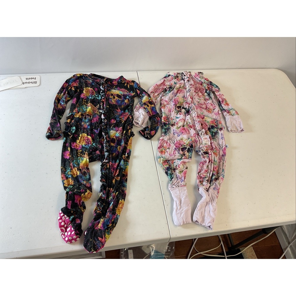 Bums‎ and Roses BUNDLE OF 2 romper LS sz 9-12 Mos - floral/skull Bamboo